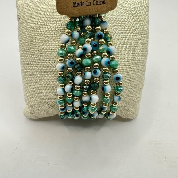 Set of Three Beaded Stack Bracelets Evil Eye and Charms Accents - Picture 5 of 6